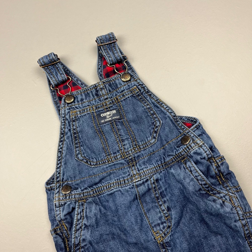 OshKosh B'gosh Denim Overalls Kids 24M Blue Flannel Lined Plaid 1M185310 - Picture 7 of 13